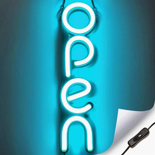 "OPEN" LED neonskylt - Isblå - Vertikal