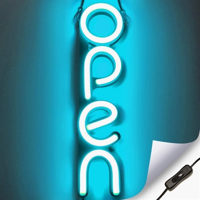 "OPEN" LED neonskylt - Isblå - Vertikal