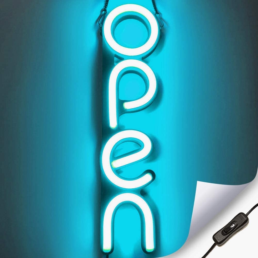 "OPEN" LED neonskylt - Isblå - Vertikal