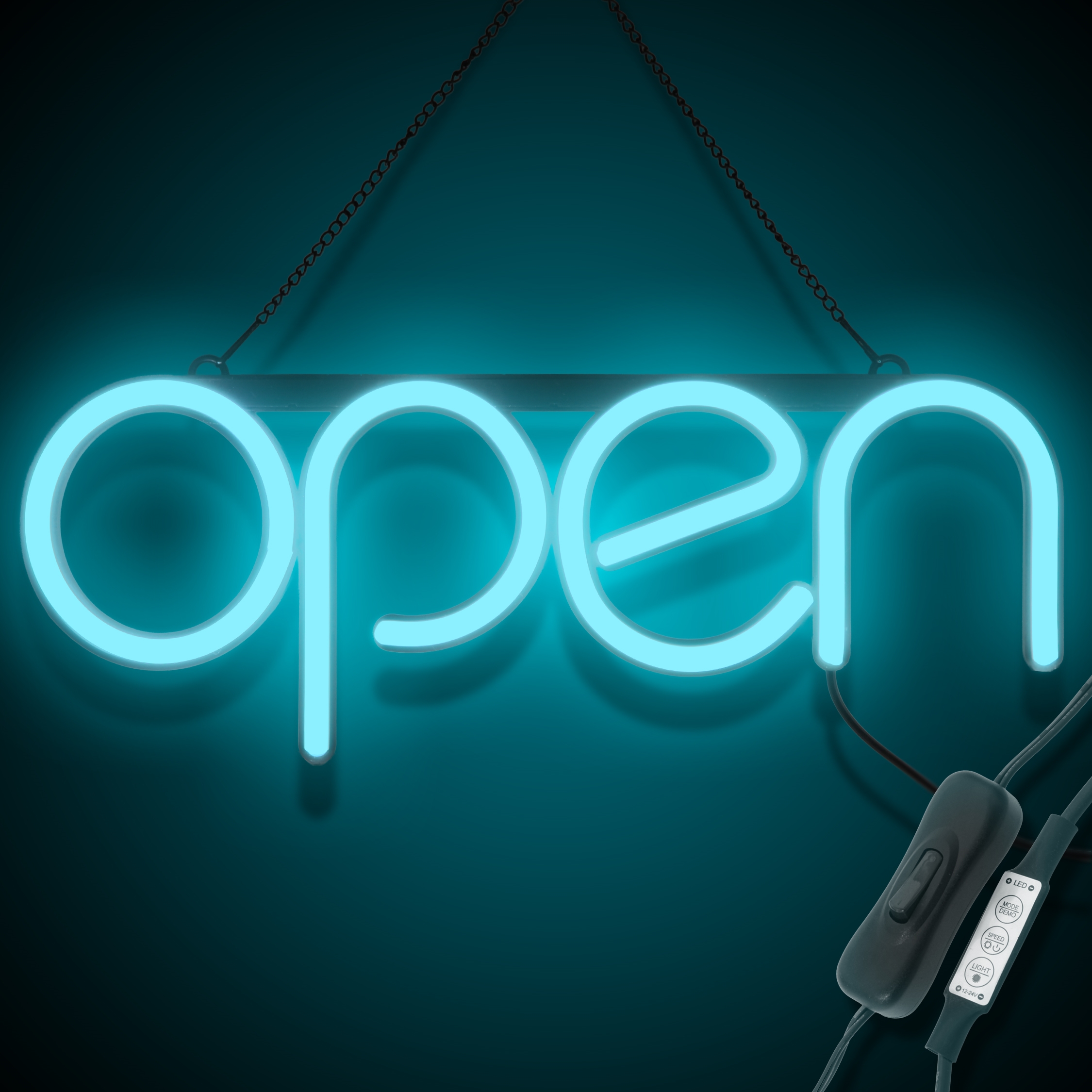 "OPEN" LED neonskylt - Isblå