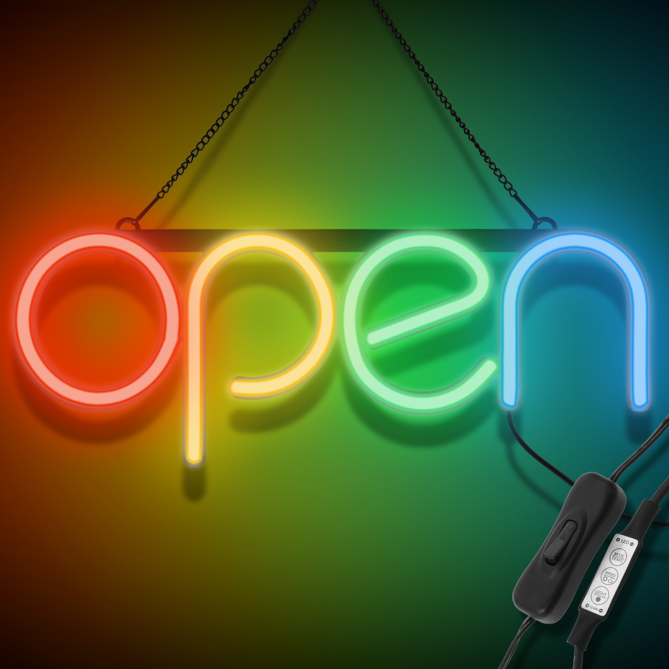 "OPEN" LED neonskylt - Flerfärgad