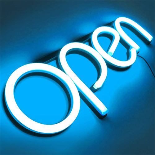"OPEN" LED neonskylt - Isblå