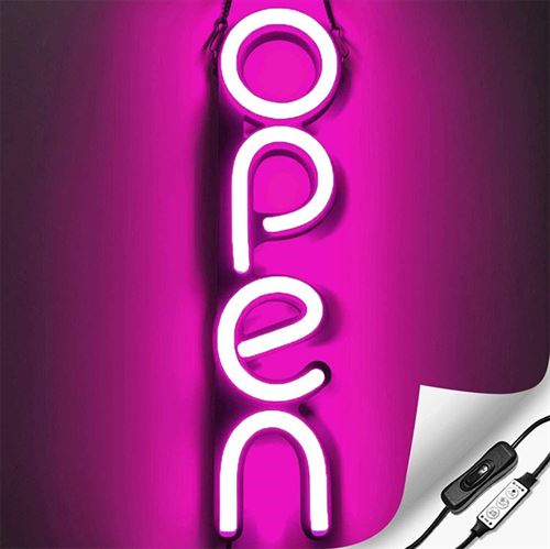 "OPEN" LED neonskylt - Rosa - Vertikal