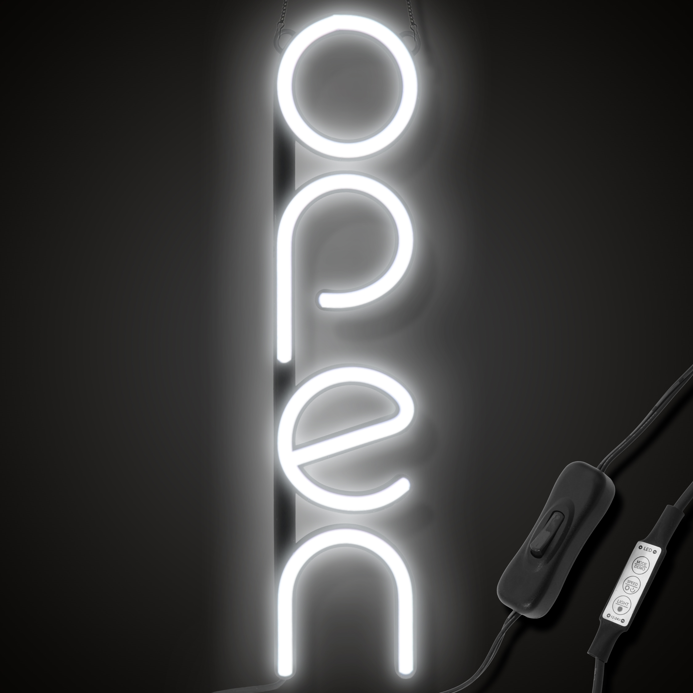 "OPEN" LED neonskylt - Vit - Vertikal