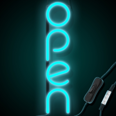 "OPEN" LED neonskylt - Isblå - Vertikal