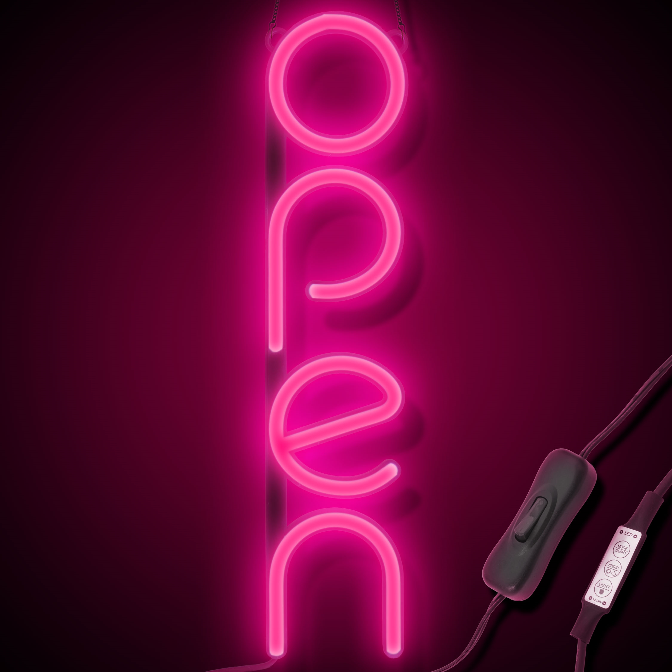 "OPEN" LED neonskylt - Rosa - Vertikal
